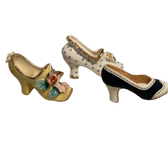 Miniature Shoe Figurines w/Floral Polka Dot Designs High Heel Collectibles - Picture 7 of 12